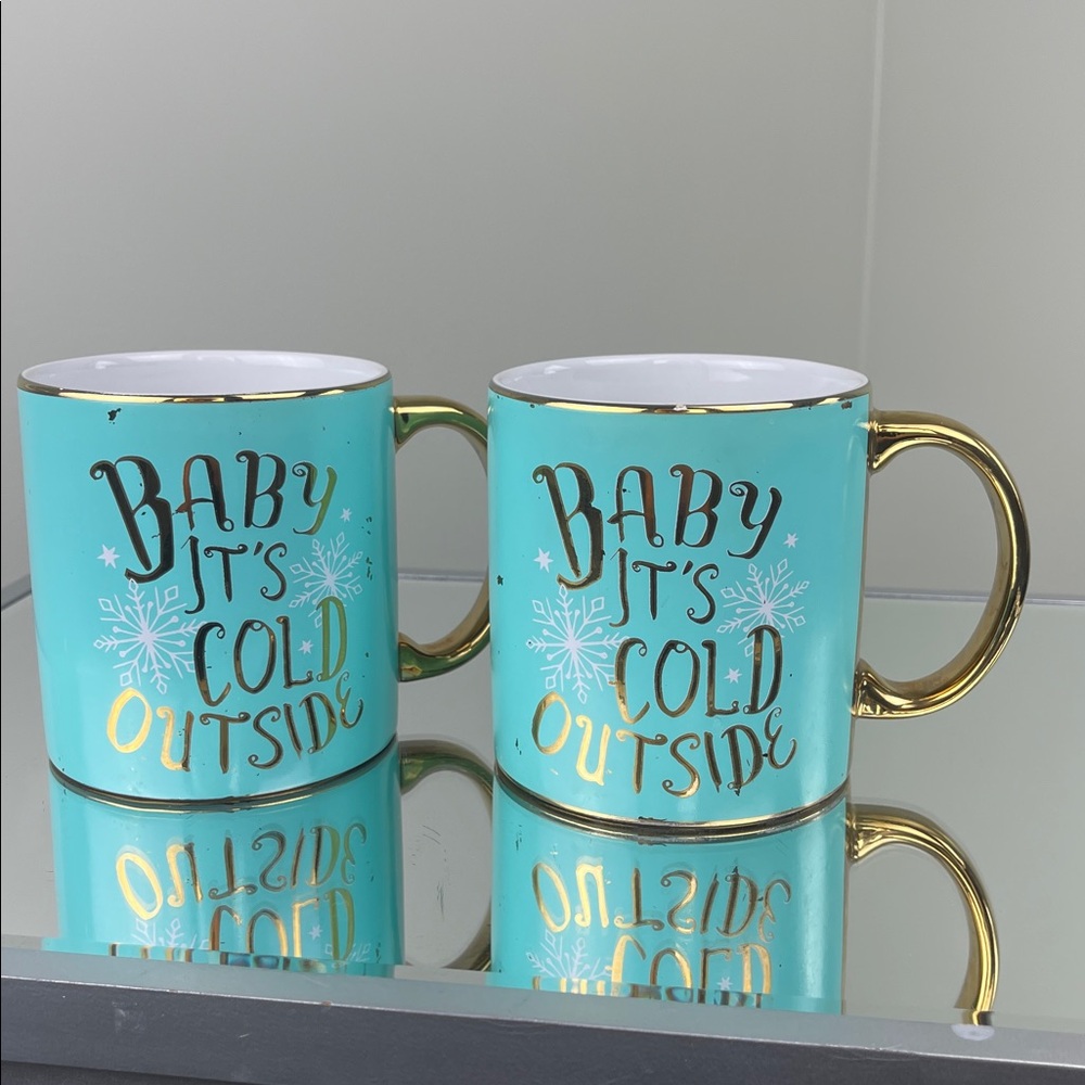 TMD Holdings Aqua 'Baby It's Cold Outside' Gold-Handle Ceramic Mugs 20 ounces